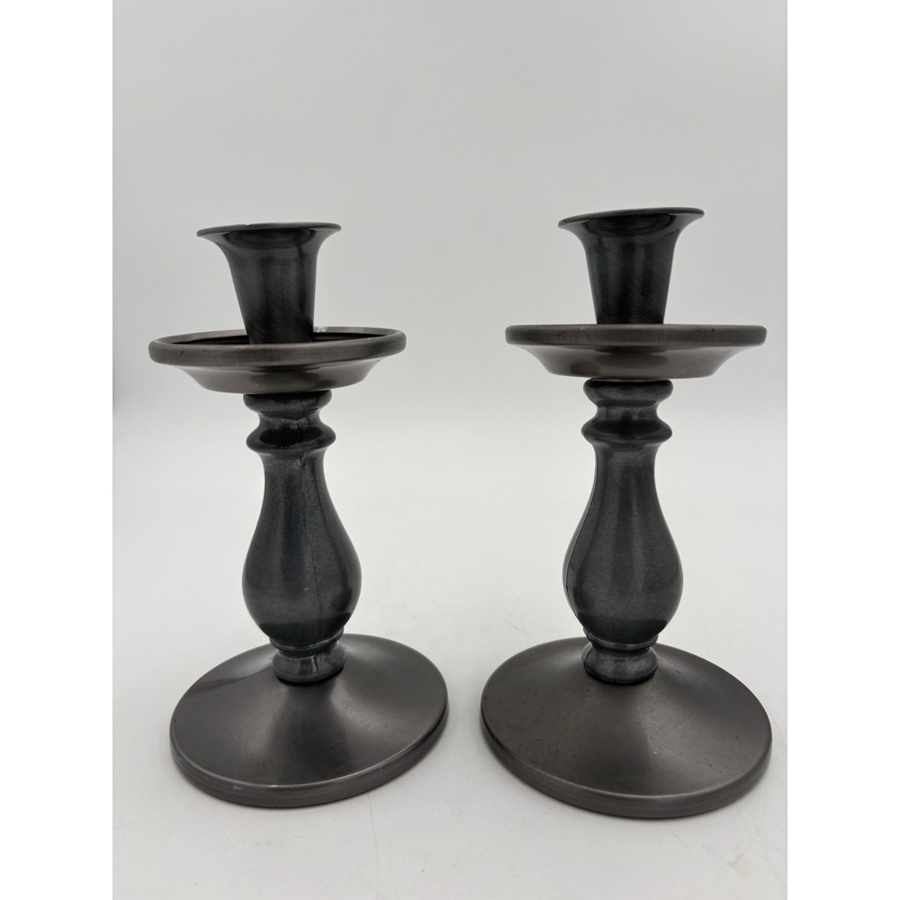 Pair VTG Pewter-Style Metal Candlestick‎ Holders 6.5" Crafted in USA